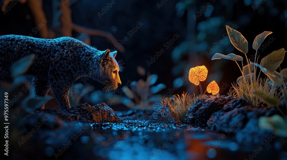 Obraz premium A captivating scene of a wild creature exploring a mystical forest illuminated by glowing plants and vibrant colors.