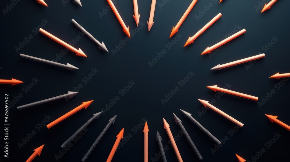Fototapeta premium A set of dashed arrows forming a network pattern, symbolizing interconnectedness and relationships, on a dark background.