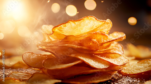 pile of perfectly fried potato chips, stacked high, with their golden, crunchy edges glistening photo