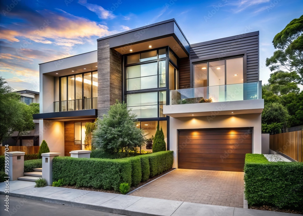 Obraz premium Sleek lines, large windows, and a clean façade define this contemporary residence, situated amidst lush greenery on a quiet city street.