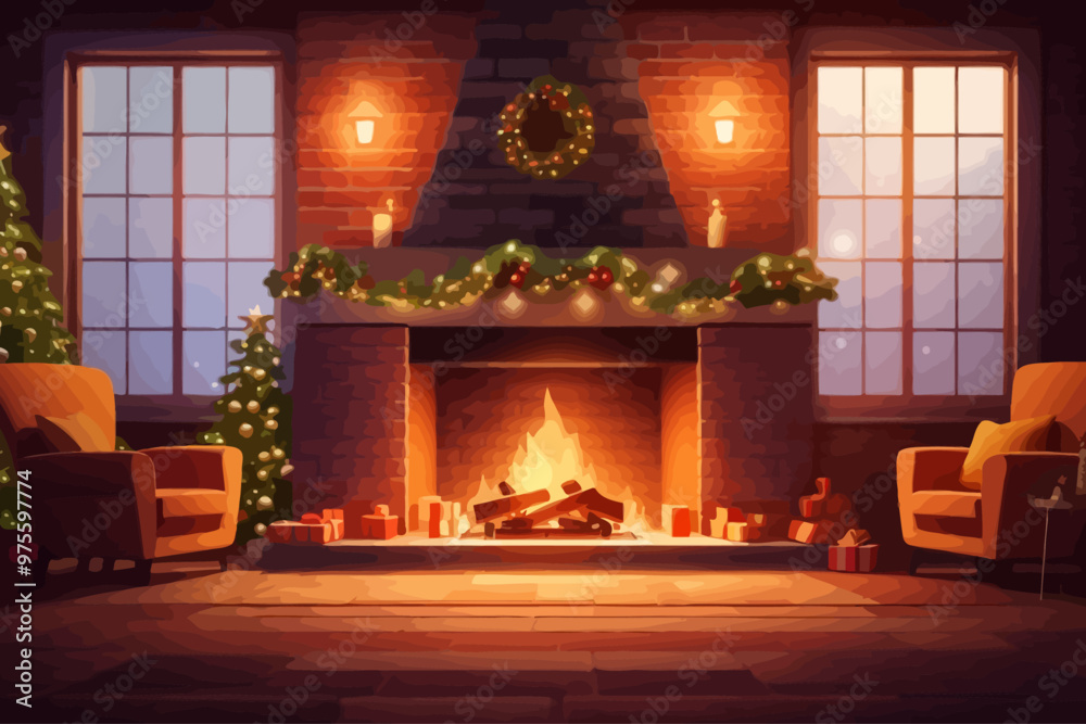fireplace with a burning fire and logs christmas illustration