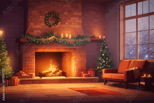fireplace with a burning fire and logs christmas illustration
