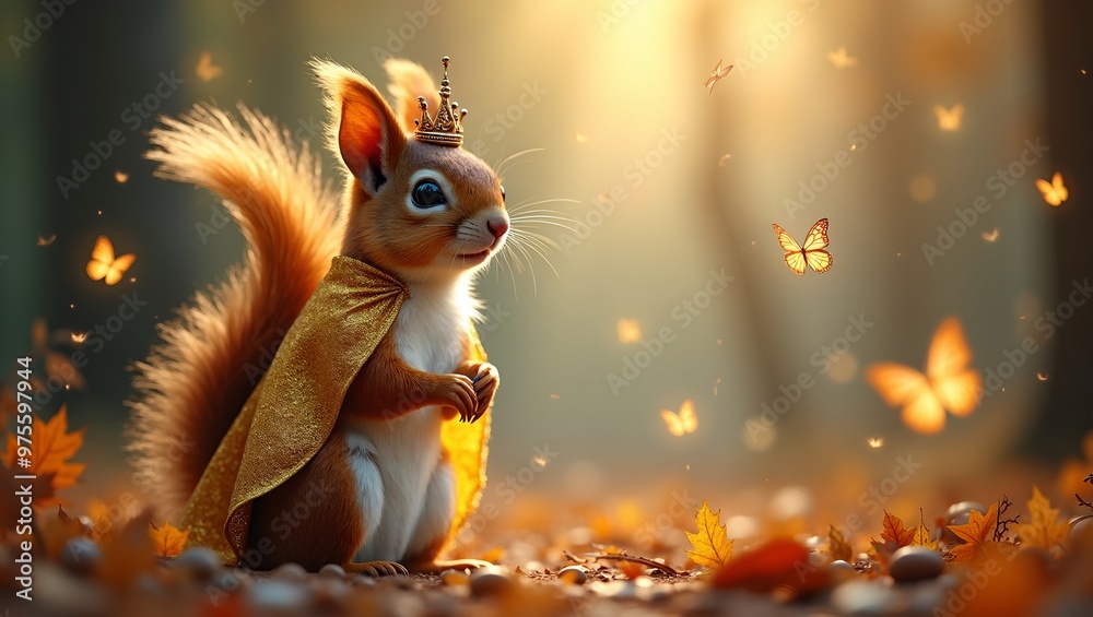 Enchanted squirrel with golden cloak acorn crown stardust butterflies and magical forest backdrop Enchanted squirrel with golden cloak acorn crown stardust butterflies and magical forest backdrop