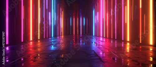 Neon lights create a vibrant, futuristic hallway.