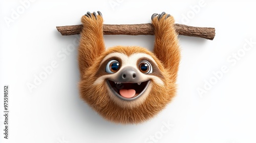 Cute Cartoon Sloth Hanging on Branch with Big Smile
