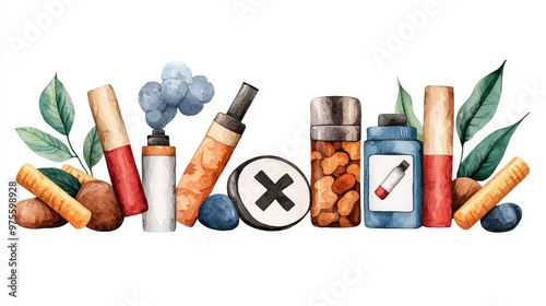 A colorful arrangement of various medical supplies, including plants, vapes, and pills representing health and wellness. photo