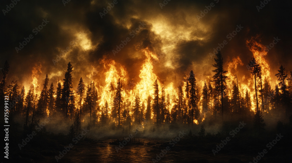 A forest fire spreads across the landscape, with flames devouring trees and sending smoke into the sky.