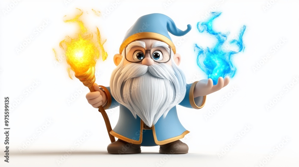 Naklejka premium 3D Cartoon Wizard Character with Fire and Ice Magic