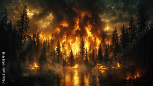 A forest fire spreads across the landscape, with flames devouring trees and sending smoke into the sky.