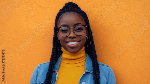 Portrait of a beautiful Black woman with long braids, smiling confidently at the camera while wearing stylish glasses, a yellow turtleneck sweater, and a denim jacket.