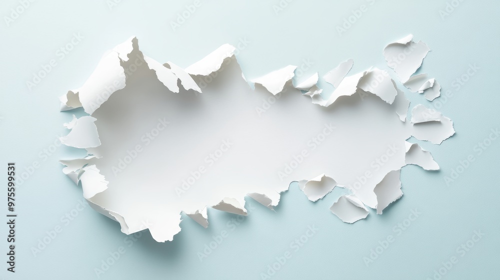 A sheet of paper with a deliberate, artistic tear, forming a unique and abstract shape. A sheet of paper with a deliberate, artistic tear, forming a unique and abstract shape.