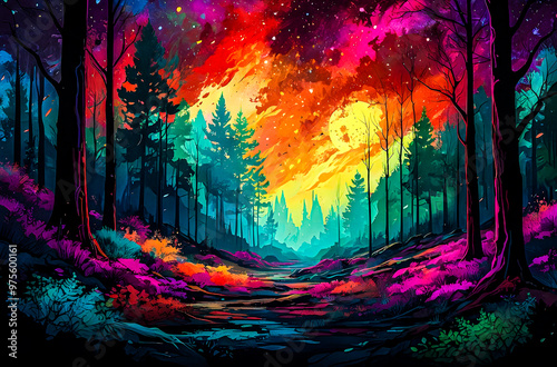 A vibrant newly discovered planet, where the trees are silhouetted against a sky filled with glowing nebulae and cosmic dust oil painting vector art illustration images. 