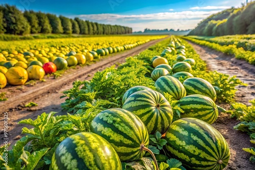 Vibrant green vines sprawl across a sunny farm field, bearing large, ripened watermelons with yellow stripes, surrounded by clumps of lush grass and scattered soil.