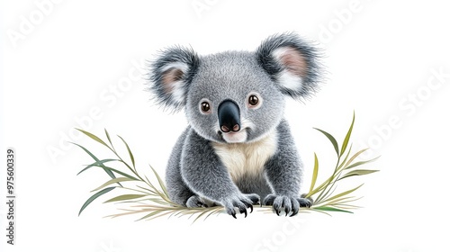 A cute koala sitting among green leaves, showcasing its adorable features and fluffy ears, perfect for wildlife and nature themes. photo