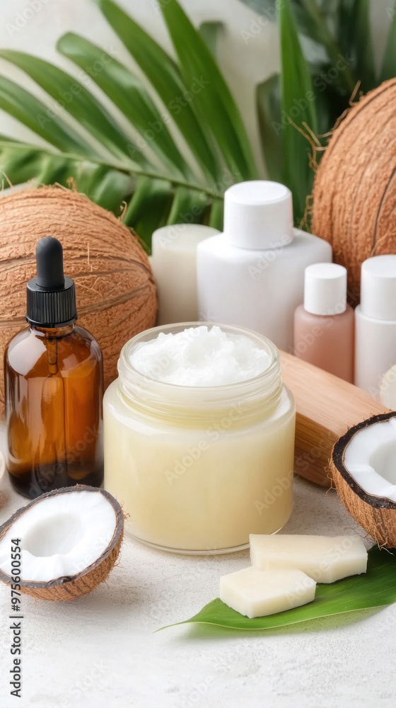 A jar of coconut oil sits beside beauty products made from natural ingredients, emphasizing its role in skincare.