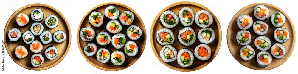 Top view of sushi rolls with various fillings on a wooden plate, centered on a transparent background. Top view of sushi rolls with various fillings on a wooden plate, centered on a transparent background.