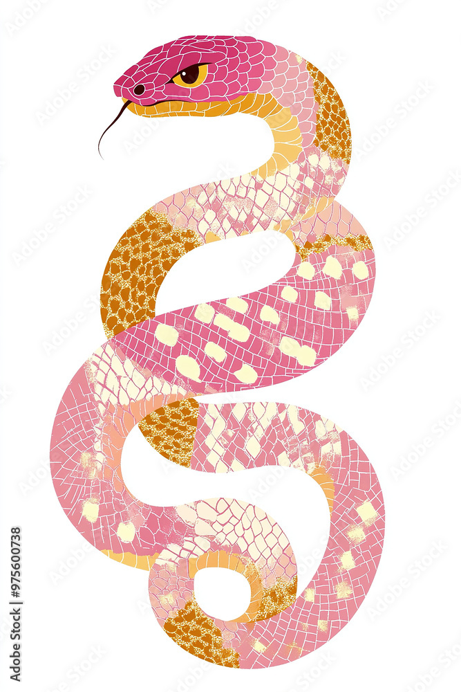 Fototapeta premium Vector illustration of a cute snake with pink and gold checkered design on a ribbon banner, with Chinese character 