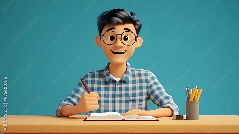 Smiling Cartoon Student Writing in Notebook Smiling Cartoon Student Writing in Notebook