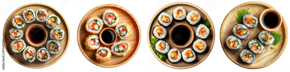Top view of sushi with tempura and dipping sauce on a wooden plate, centered on a transparent background. Top view of sushi with tempura and dipping sauce on a wooden plate, centered on a transparent background.