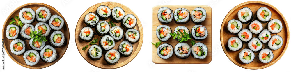 Top view of sushi rolls with crab and cucumber on a wooden plate, centered on a transparent background. Top view of sushi rolls with crab and cucumber on a wooden plate, centered on a transparent background.