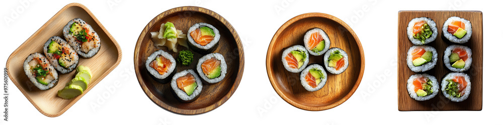 Top view of sushi with eel and avocado on a wooden plate, centered on a transparent background. Top view of sushi with eel and avocado on a wooden plate, centered on a transparent background.