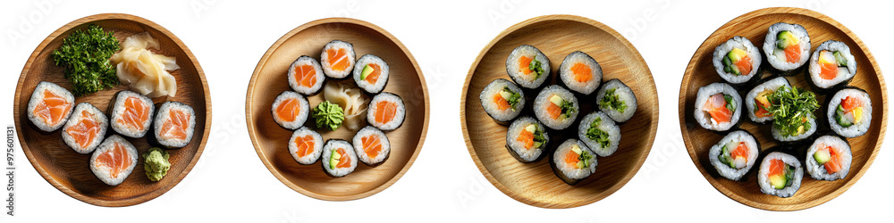 Top view of sushi with pickled ginger and wasabi on a wooden plate, centered on a transparent background. Top view of sushi with pickled ginger and wasabi on a wooden plate, centered on a transparent background.