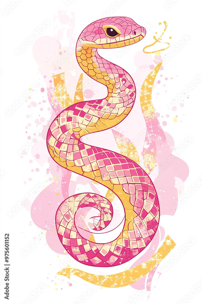 Vector illustration of a cute snake with pink and gold checkered design on a ribbon banner, with Chinese character Vector illustration of a cute snake with pink and gold checkered design on a ribbon banner, with Chinese character