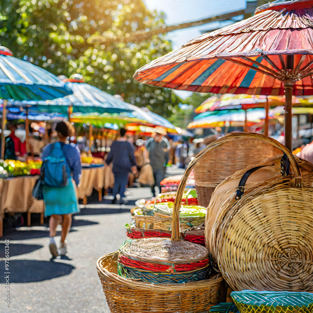 lively street market scene with handmade wicker baskets on display at a ...