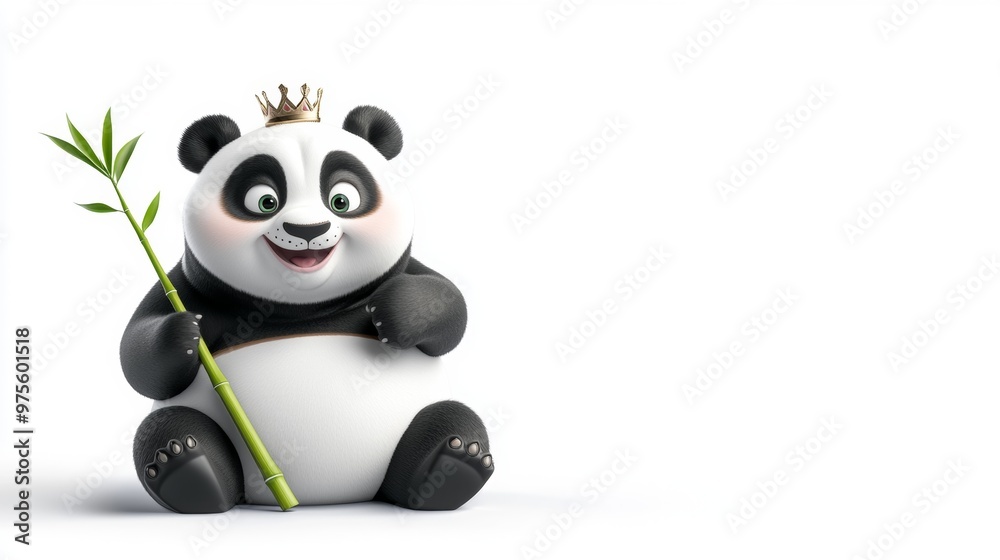 Cute Cartoon Panda Bear King with Bamboo
