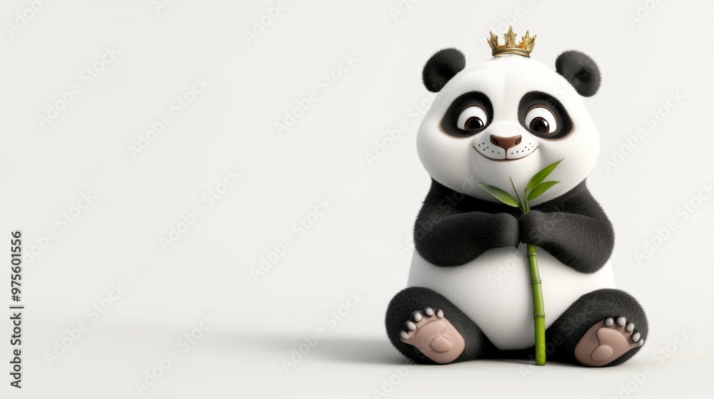 Cute Cartoon Panda Bear Wearing a Crown Holding Bamboo Cute Cartoon Panda Bear Wearing a Crown Holding Bamboo