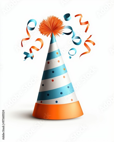 A festive party hat with blue stripes and an orange base, adorned with colorful streamers and a pom-pom, perfect for celebrations. photo