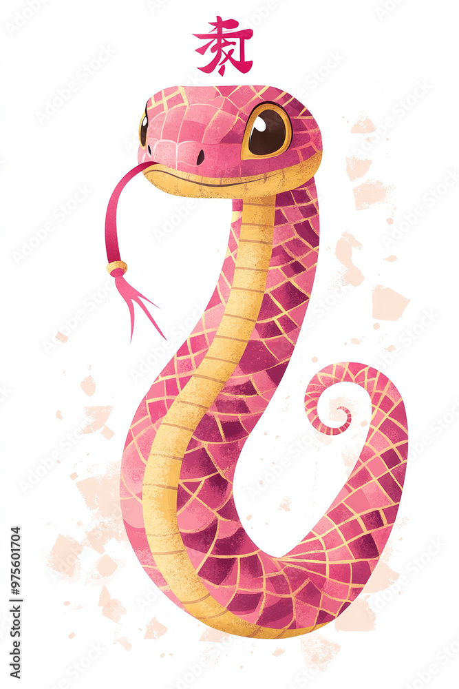 Fototapeta premium Cute snake with pink and gold checkered pattern on a vertical ribbon banner featuring the Chinese character 