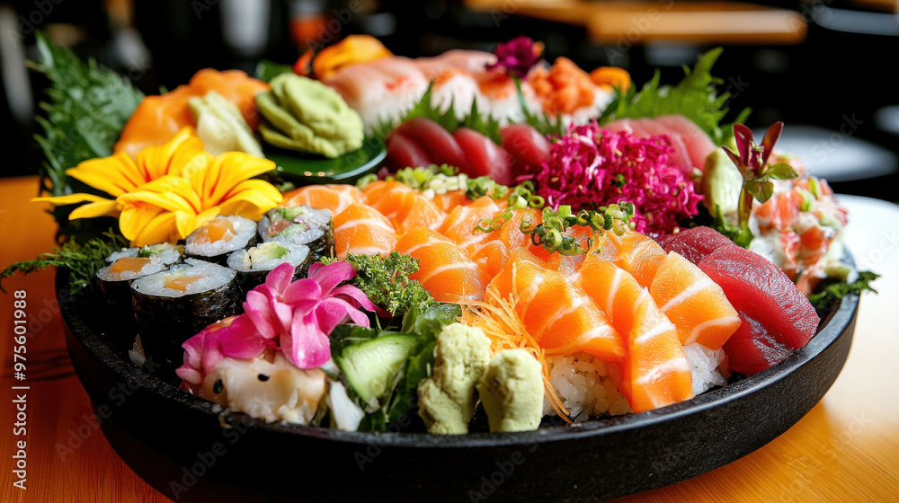 A salmon sashimi platter is artistically arranged, showcasing the fresh, vibrant colors of the fish. A salmon sashimi platter is artistically arranged, showcasing the fresh, vibrant colors of the fish.