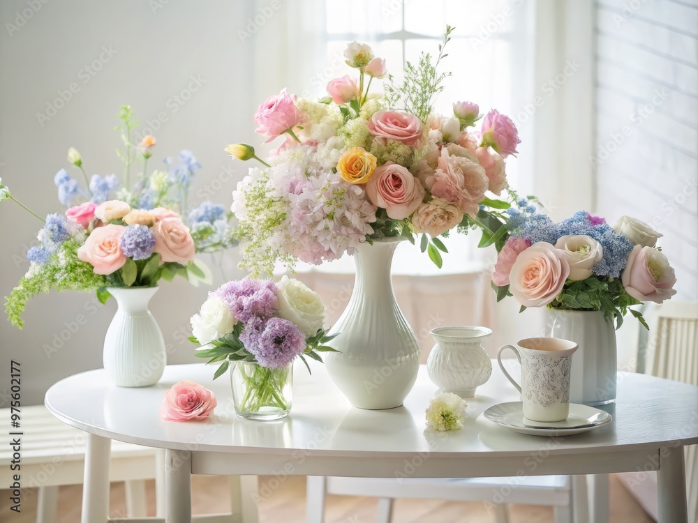Soft pink and baby blue flowers dance across a pristine white table, their loose, effortless arrangements exuding understated elegance and whimsical charm. Soft pink and baby blue flowers dance across a pristine white table, their loose, effortless arrangements exuding understated elegance and whimsical charm.