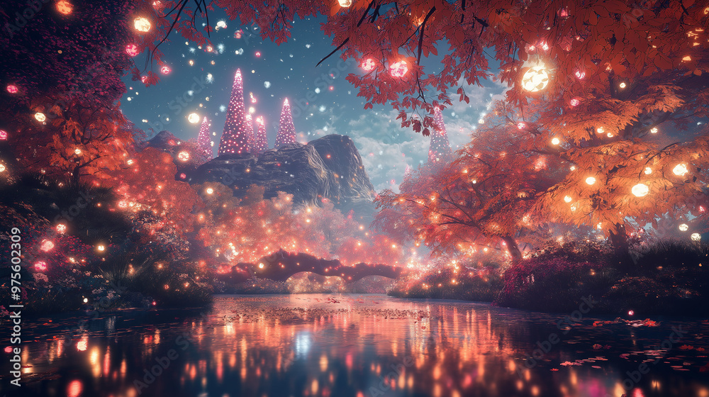 An autumn landscape with vibrant orange, red, and yellow leaves covering the ground and trees. The scene is illuminated by glowing neon lights and RGB colors subtly integrated into the environment, An autumn landscape with vibrant orange, red, and yellow leaves covering the ground and trees. The scene is illuminated by glowing neon lights and RGB colors subtly integrated into the environment,