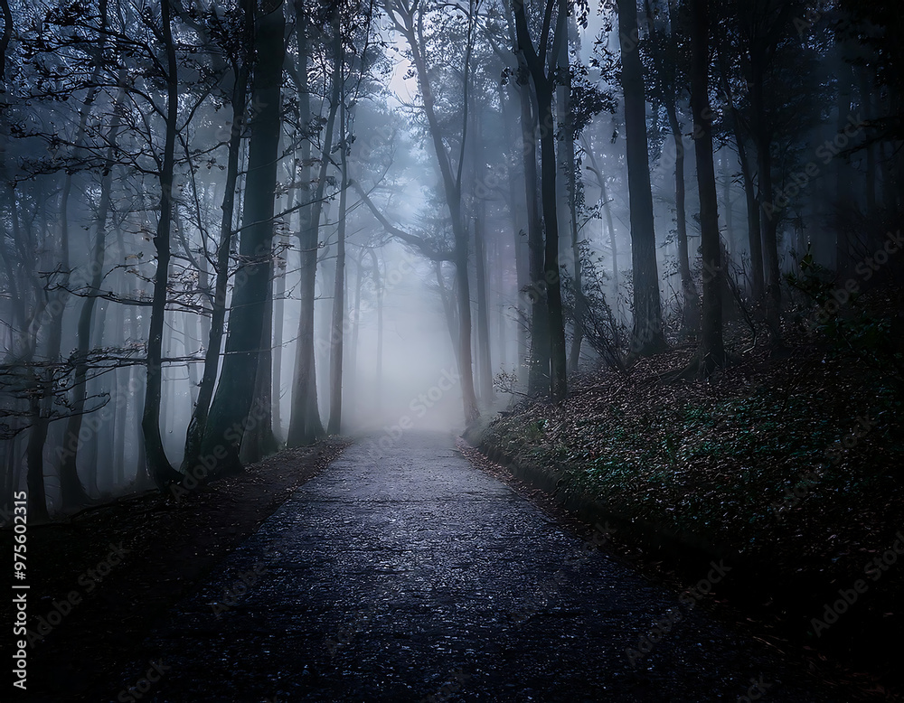Fototapeta premium Dark and moody forest pathway, covered in mist, creating a haunting and mysterious atmosphe_1(304)