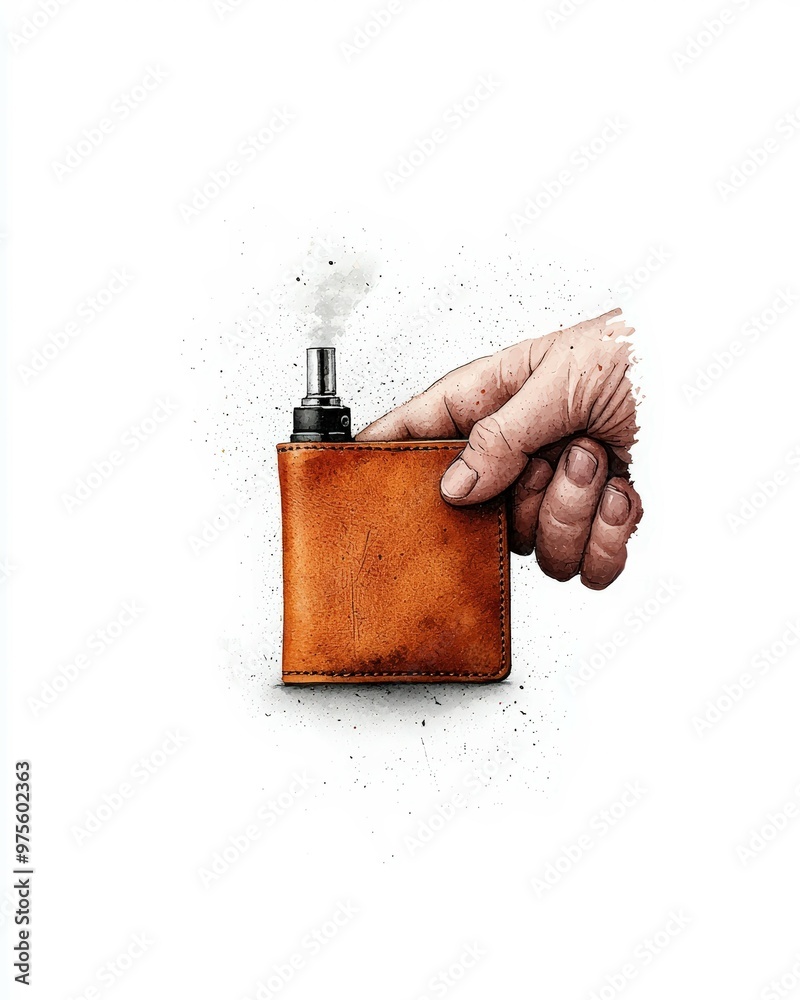 Obraz premium A hand holding a stylish leather vape case, showcasing modern vaping culture with a sleek design and detailed texture.