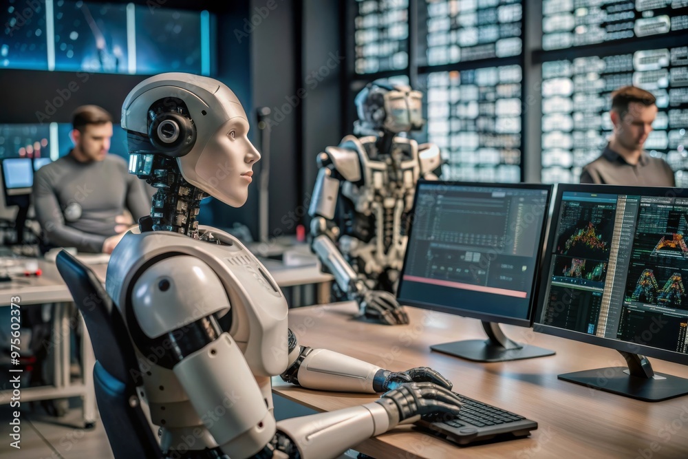 Humanoid Robot Working at Modern Office Desk with Advanced AI Technology Humanoid Robot Working at Modern Office Desk with Advanced AI Technology
