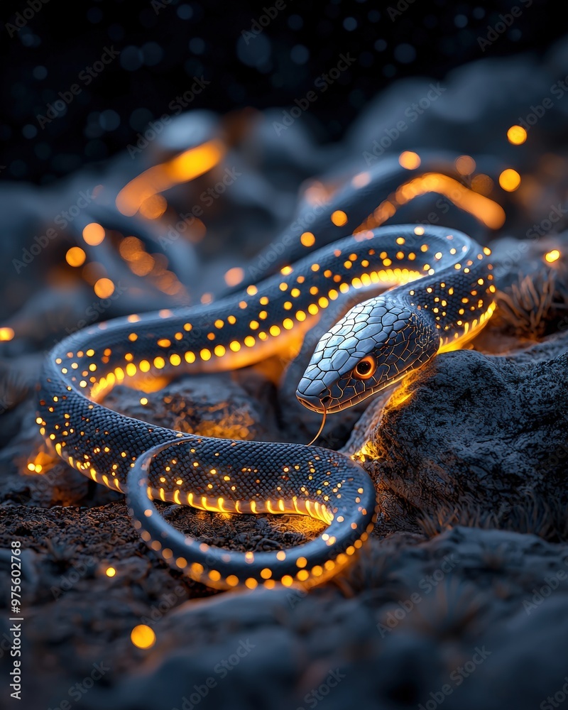 A luminous snake with glowing dots, coiled amid rocks, creating an enchanting scene in a mystical environment. A luminous snake with glowing dots, coiled amid rocks, creating an enchanting scene in a mystical environment.