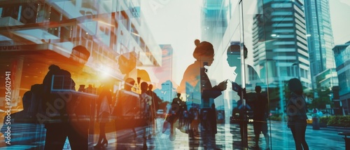 Silhouettes of people walking in an urban area, with towering modern buildings reflecting the early morning light, creating a dynamic city atmosphere.