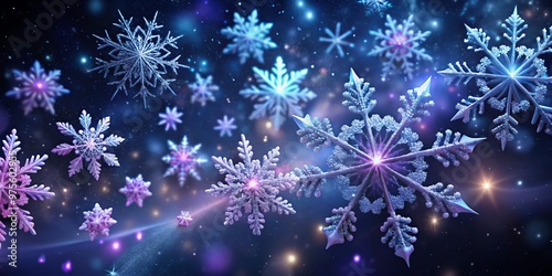 Delicate snowflakes illuminated by soft, swirling lights in shades of blue and purple, frozen in mid-air against a dark winter night sky.