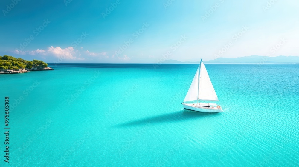 Obraz premium A stunning view of a turquoise lagoon on a tropical island. A lone sailboat glides across the water.