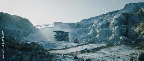 A vast, rocky mining landscape under a clear sky, with heavy machinery at work, illustrating the powerful and relentless nature of industrial excavation. photo