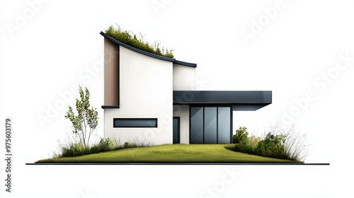 A modern architectural design featuring a sleek house with green landscaping and eco-friendly elements, ideal for contemporary living.