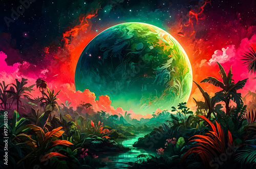 A richly colored jungle planet with dense, impressionist foliage in green and red vector oil painting art illustration images.
 photo