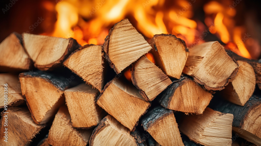 A stack of firewood sits next to a roaring fireplace, ready to keep the fire burning through the night. A stack of firewood sits next to a roaring fireplace, ready to keep the fire burning through the night.