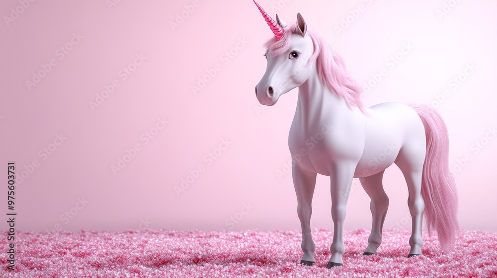 White Unicorn Standing on Pink Glitter Background White Unicorn Standing on Pink Glitter Background