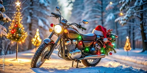 A festive motorcycle adorned with lights, garlands, and a Santa hat, parked in a snowy landscape, creating a unique and playful holiday scene. photo