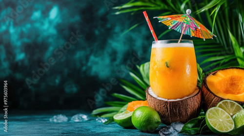 A tropical coconut cocktail is prepared in a coconut shell, garnished with lime and a little umbrella. photo