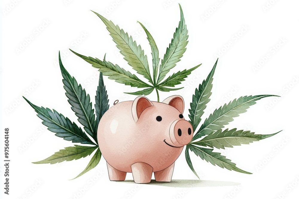 Obraz premium A playful piggy bank surrounded by cannabis leaves, symbolizing finance and modern lifestyle trends in a vibrant visual.